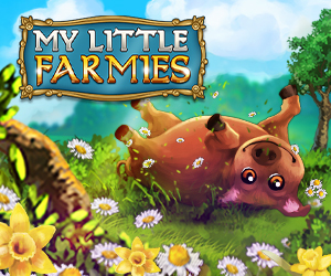 My little Farmies Teaser Grafik Ein Schwein wälzt sich auf einer blumigen Wiese im grünen Gras.
